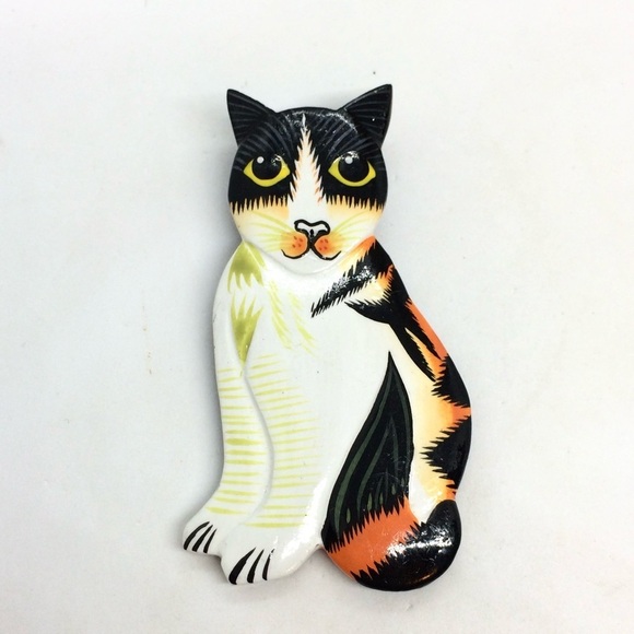 VINTAGE HAND PAINTED WOOD CAT BROOCH PIN LARGE FOLK ART ARTISAN BOHO WHIMSICAL - Picture 3 of 10
